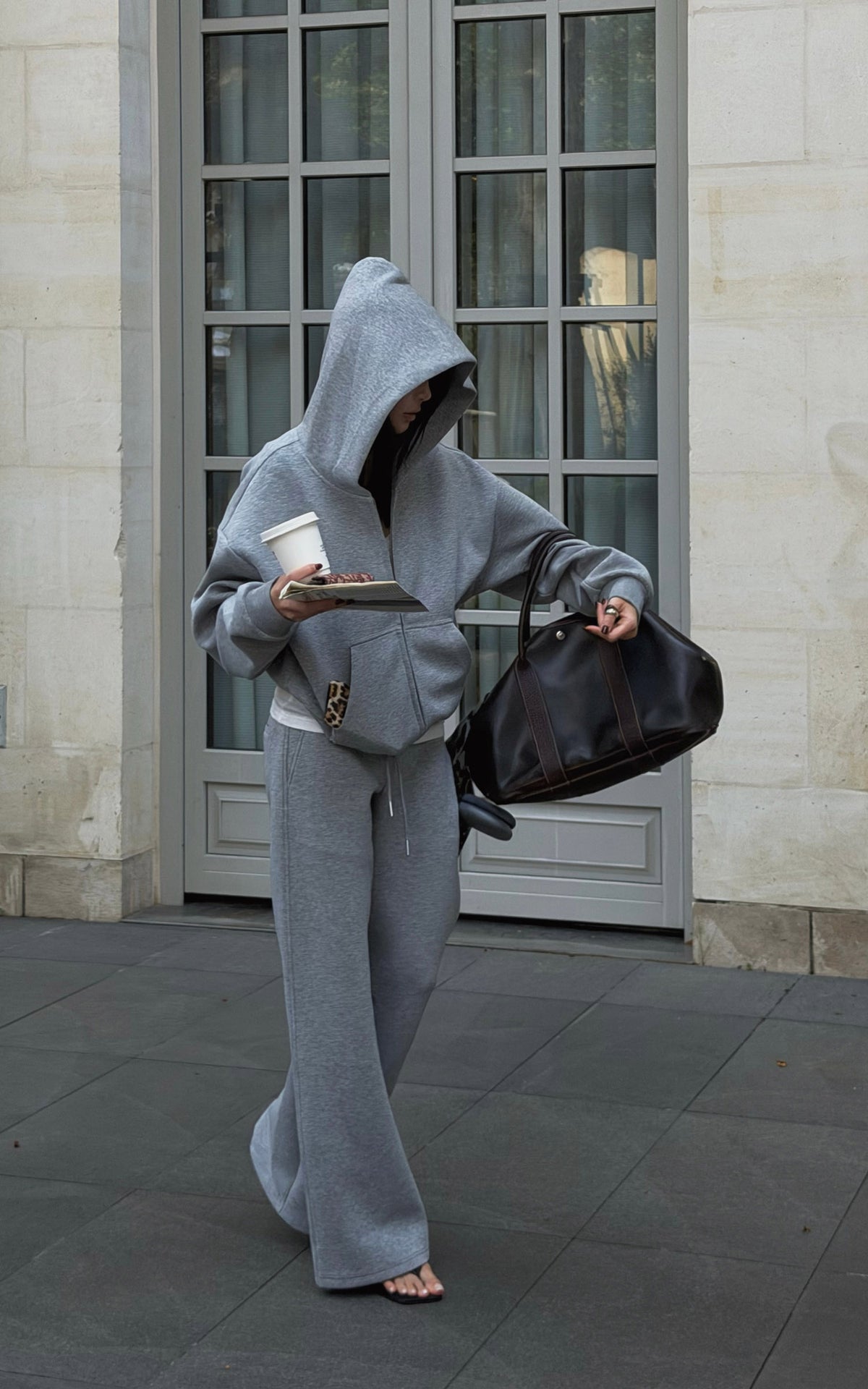Hydrae Soft Grey Oversized Zip Hoodie &amp; Wide-Leg Drawstring Sweatpants Two-Piece Set