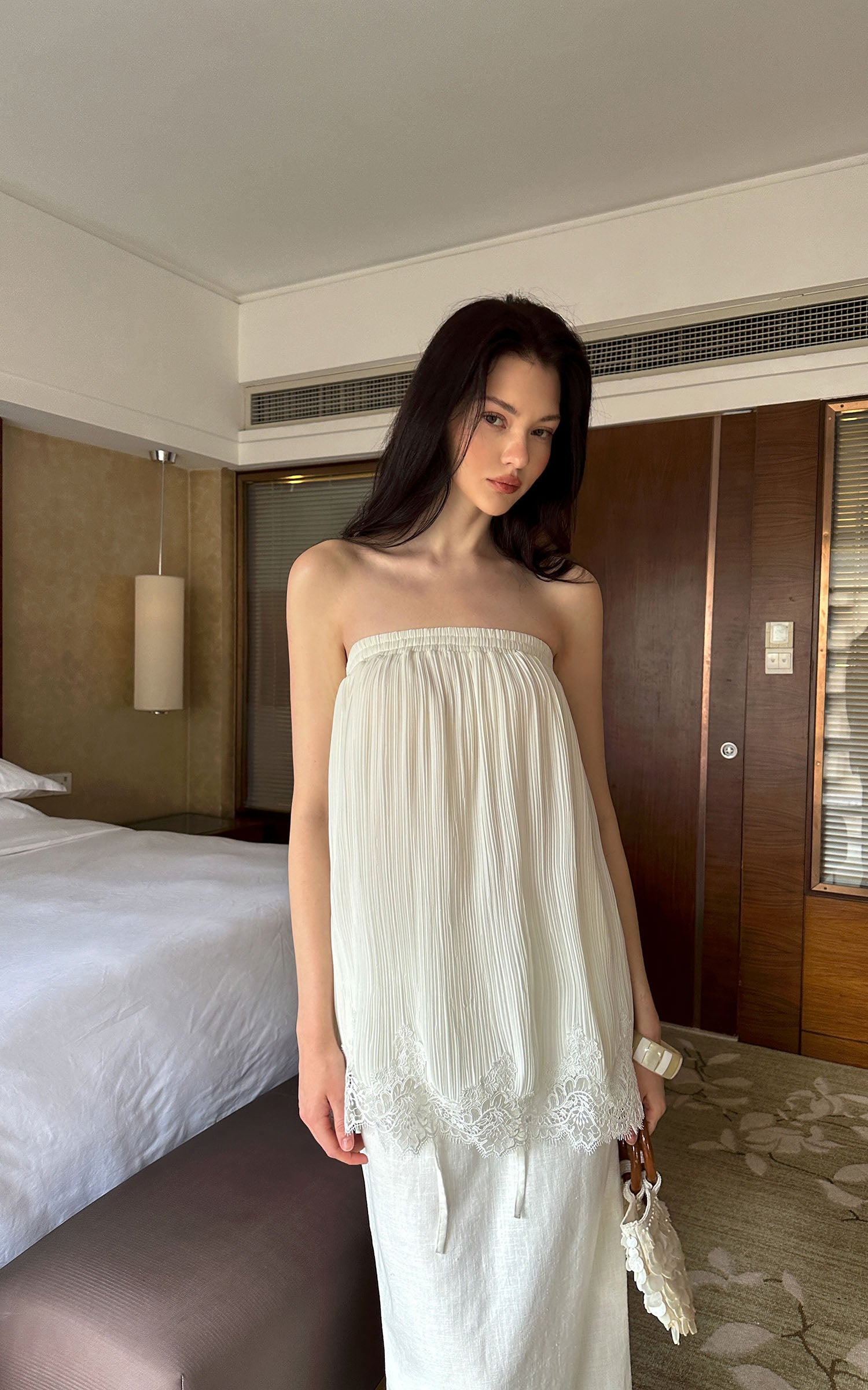 0122stepll Pleated Tube Top &amp; Long Skirt Set