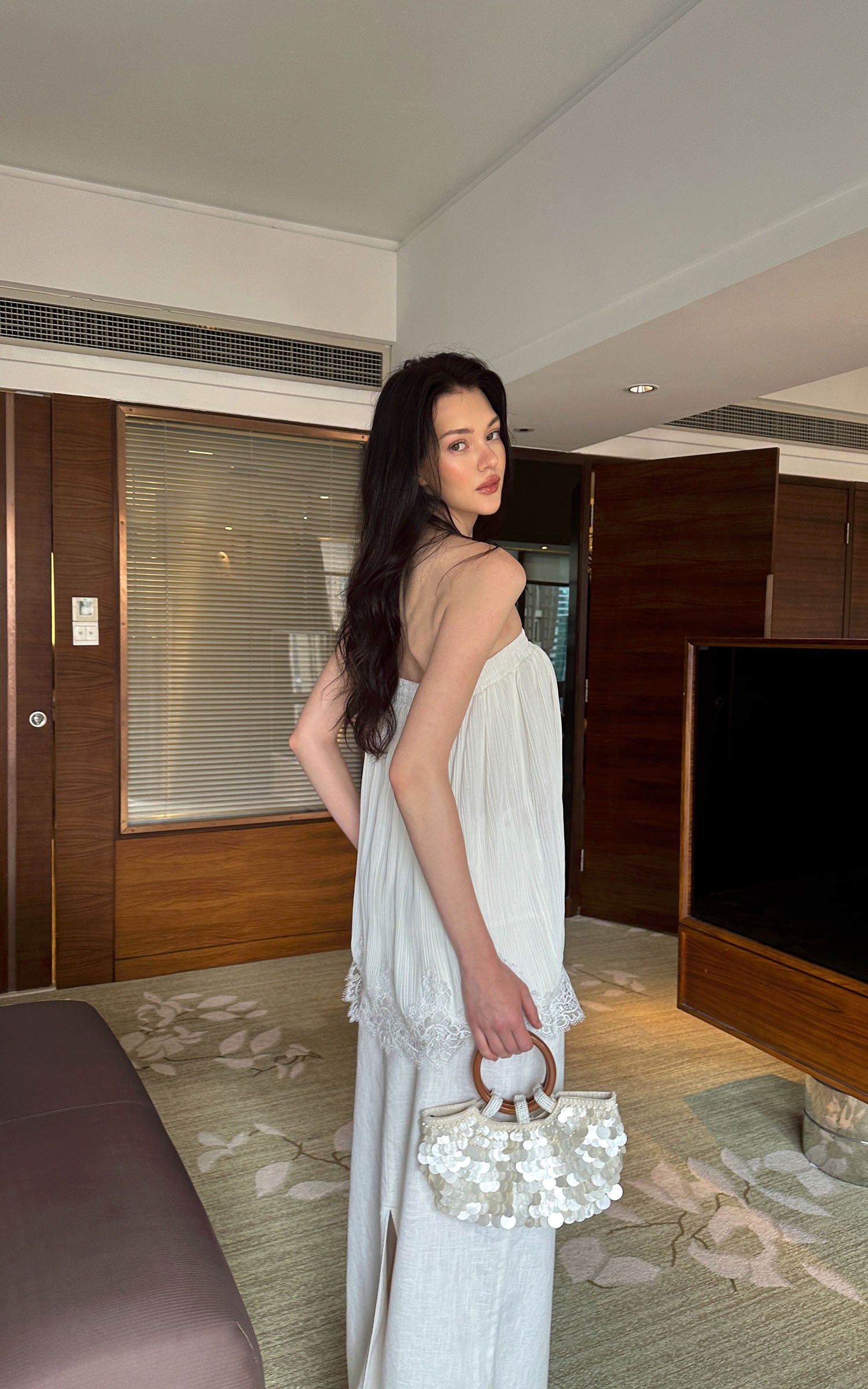 0122stepll Pleated Tube Top &amp; Long Skirt Set