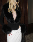 0122stepll Faux Fur Collar Plunge Bodysuit