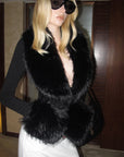 0122stepll Faux Fur Collar Plunge Bodysuit