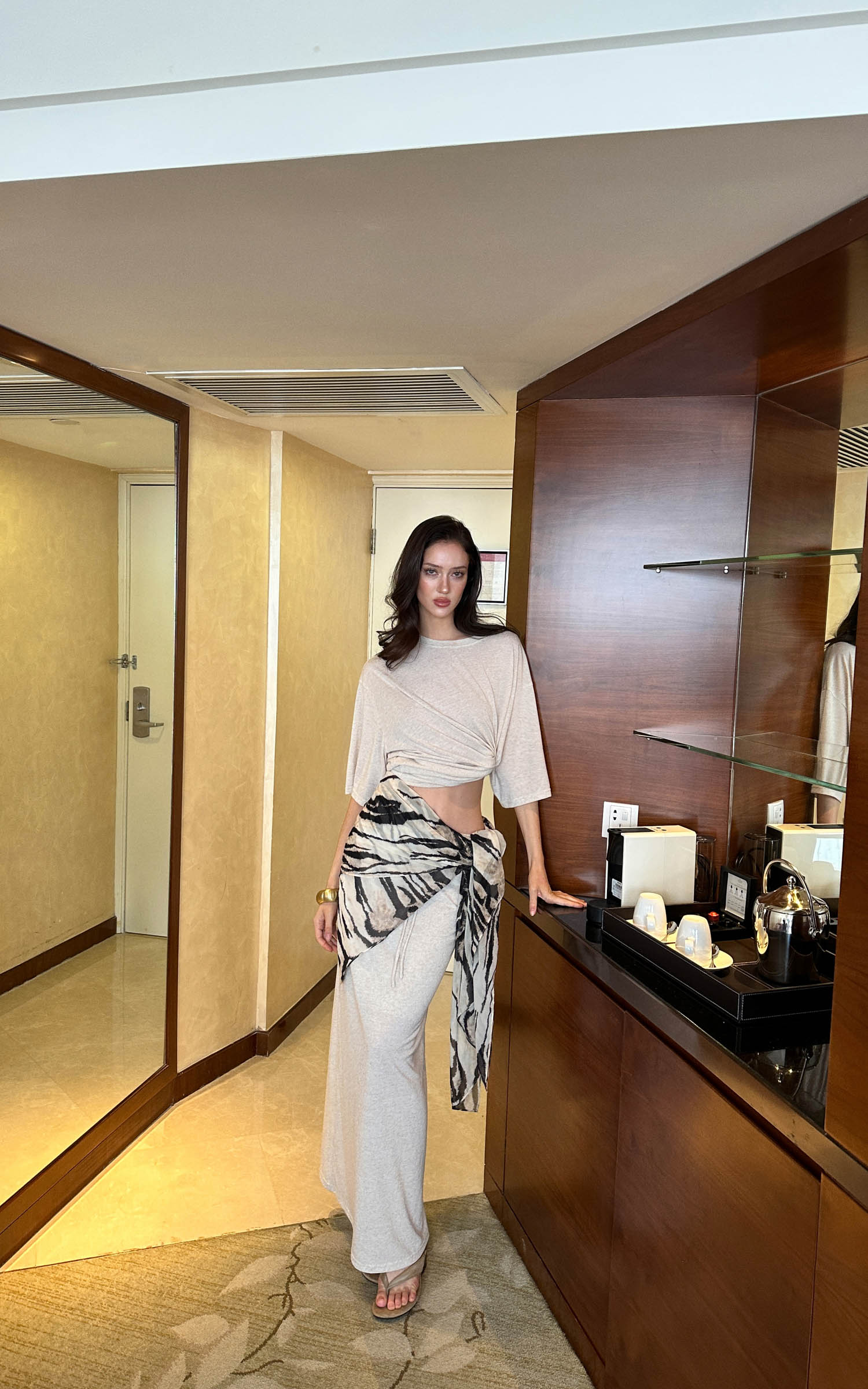 0122stepll Zebra Scarf Oversized Tee &amp; Drawstring Maxi Skirt Lounge Set