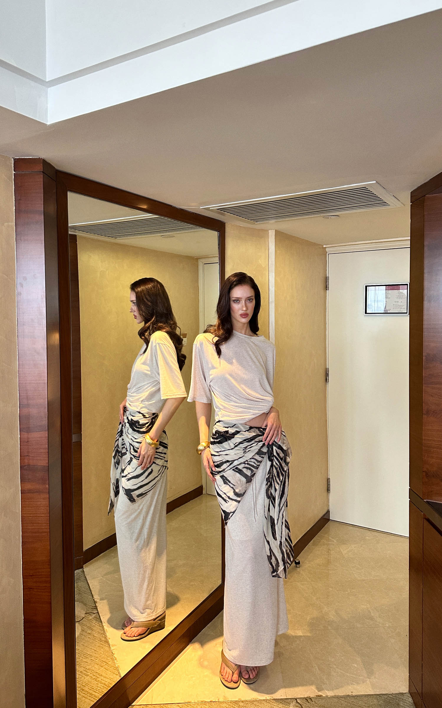0122stepll Zebra Scarf Oversized Tee &amp; Drawstring Maxi Skirt Lounge Set