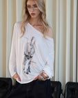 0122stepll Distorted Graphic Off-Shoulder Oversized Long Sleeve Top