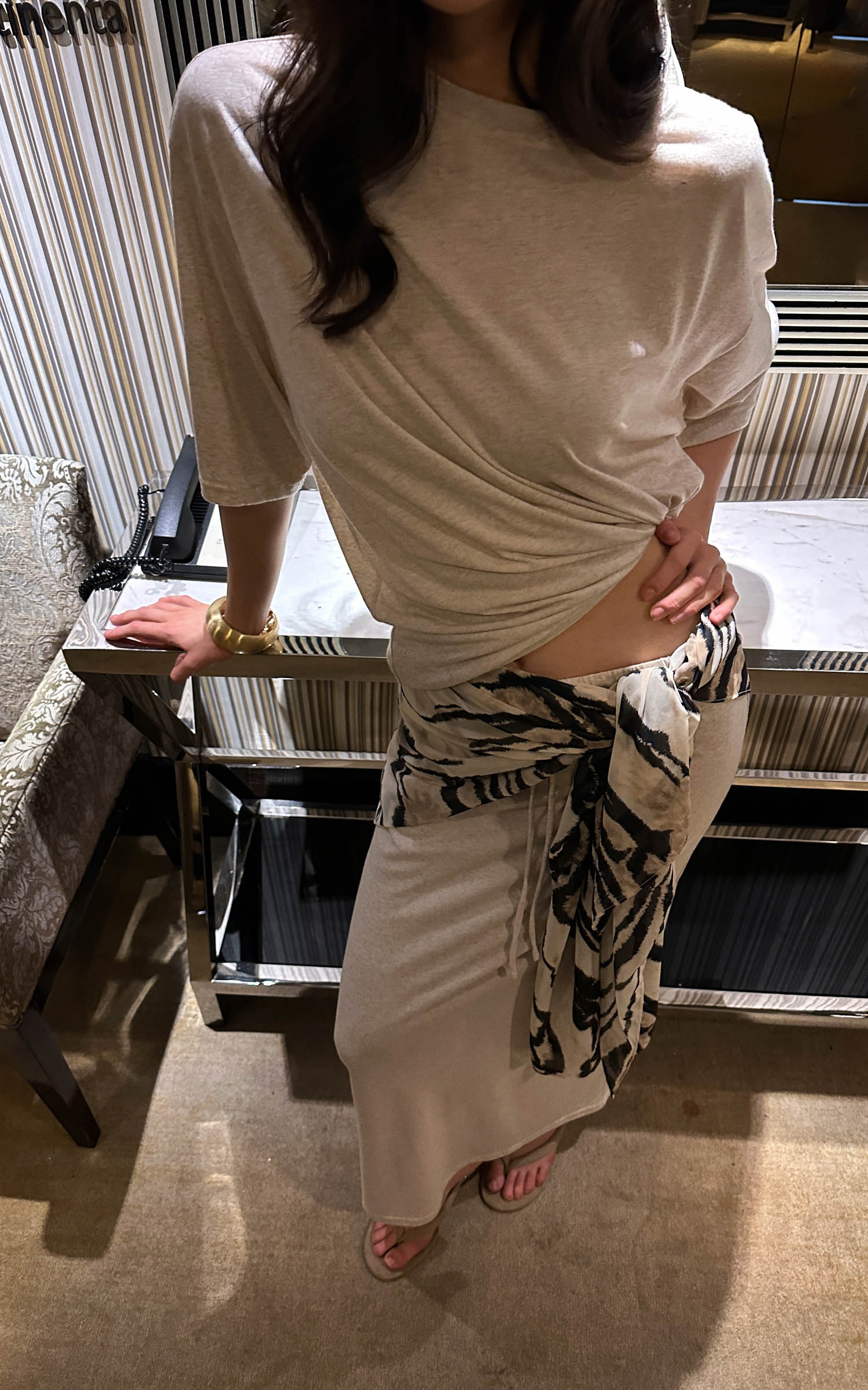 0122stepll Zebra Scarf Oversized Tee &amp; Drawstring Maxi Skirt Lounge Set