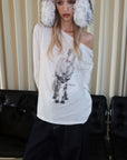 0122stepll Distorted Graphic Off-Shoulder Oversized Long Sleeve Top