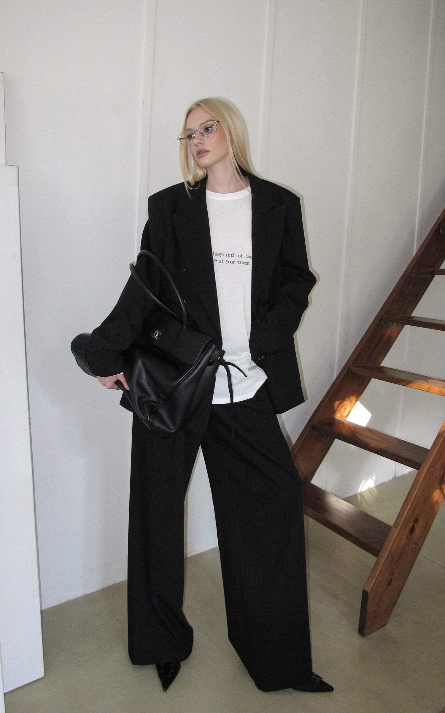 0122stepll Oversized Pinstripe Blazer &amp; Wide-Leg Pants Set