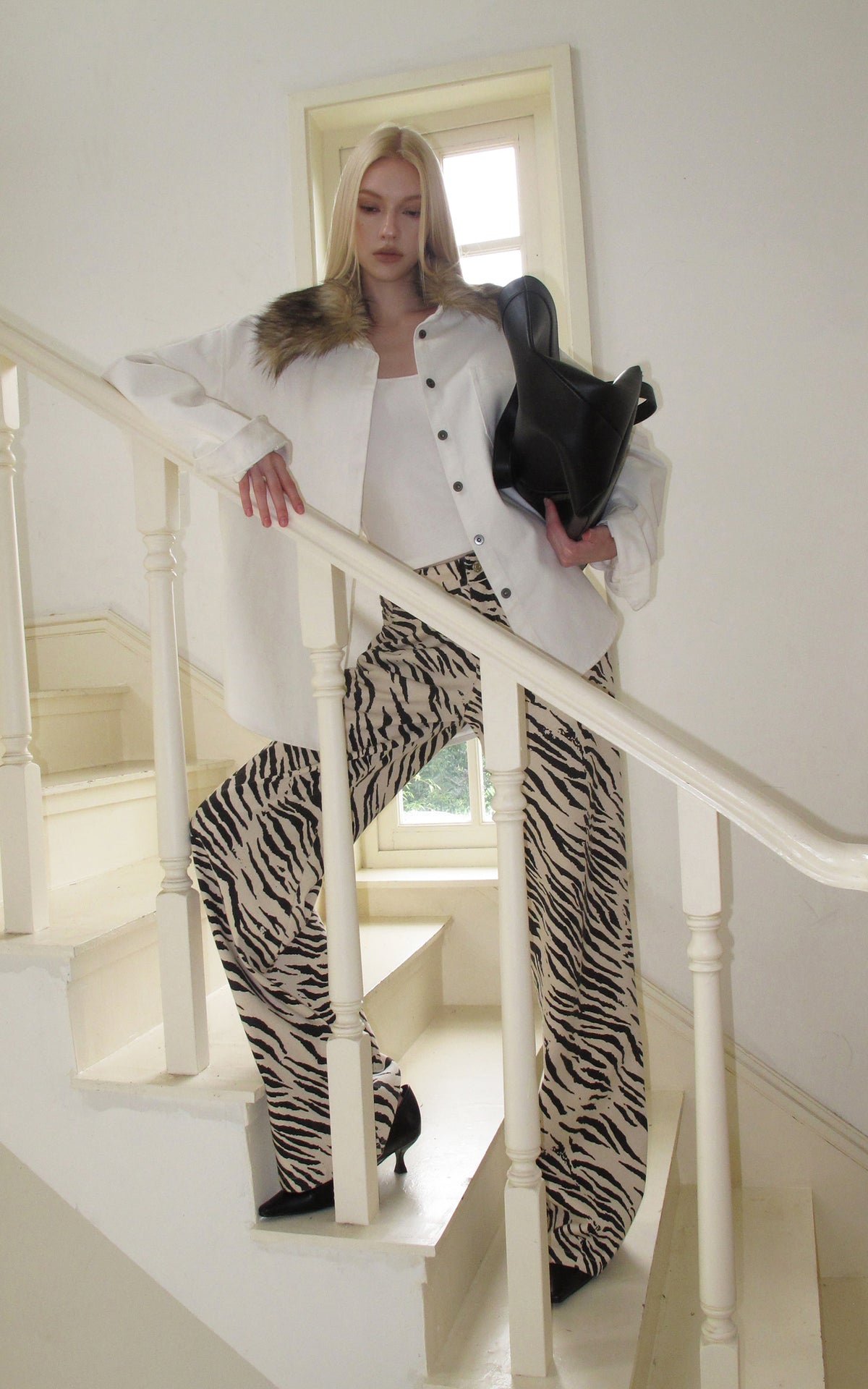 0122stepll Zebra Print Low-Rise Wide-Leg Denim Pants