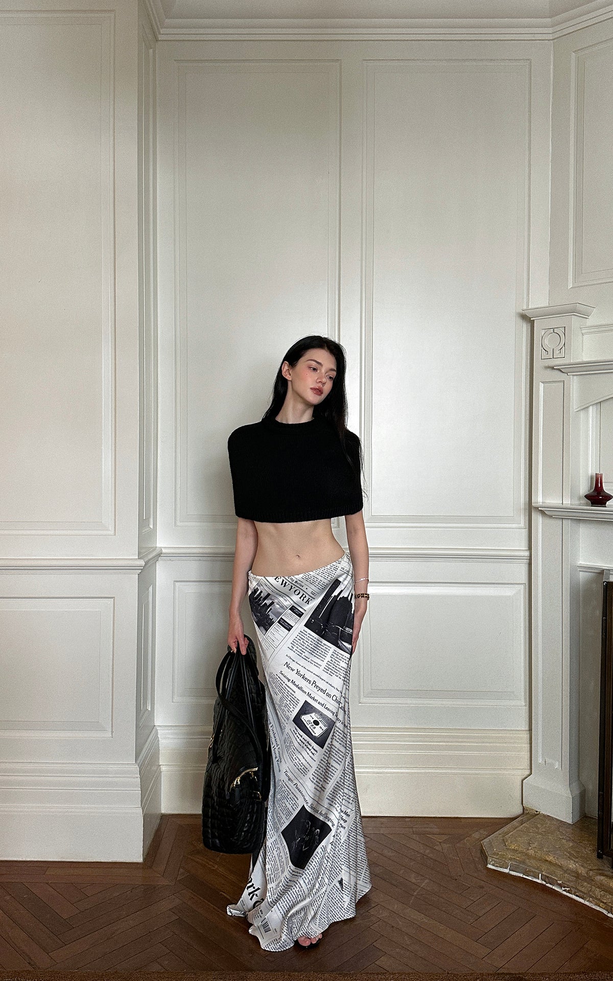 0122stepll Newspaper Print Low-Rise Maxi Skirt