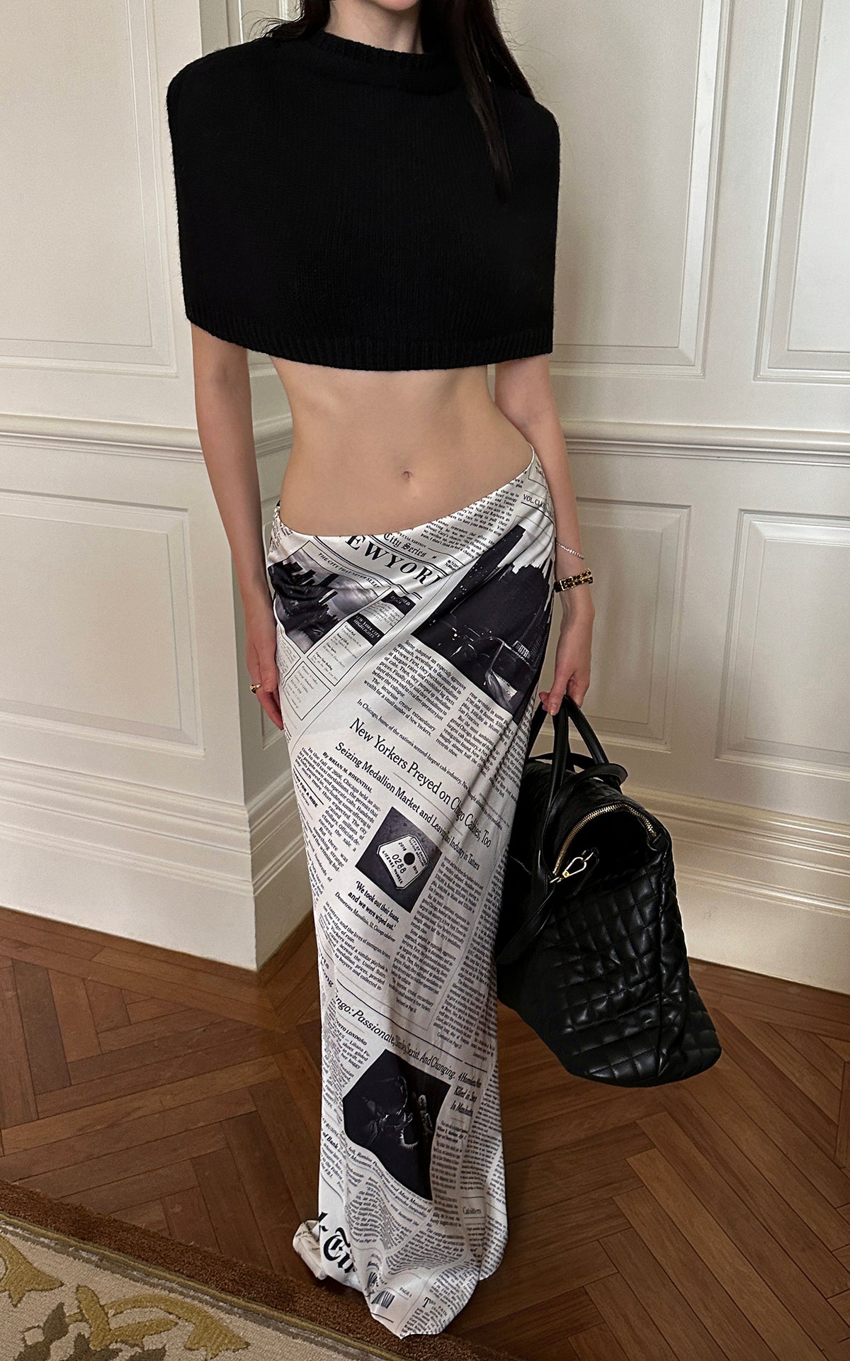 0122stepll Newspaper Print Low-Rise Maxi Skirt