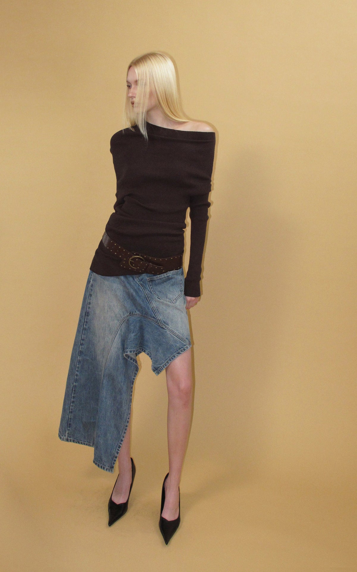 0122stepll Deconstructed Asymmetric Denim Midi Skirt