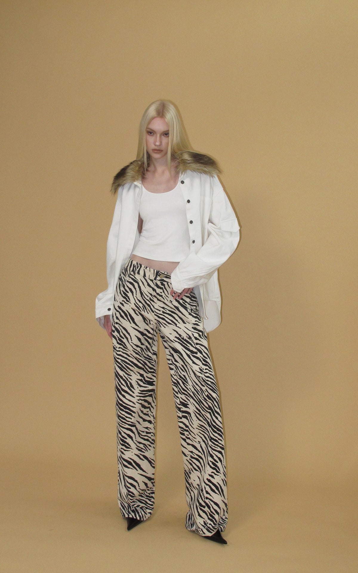 0122stepll Zebra Print Low-Rise Wide-Leg Denim Pants