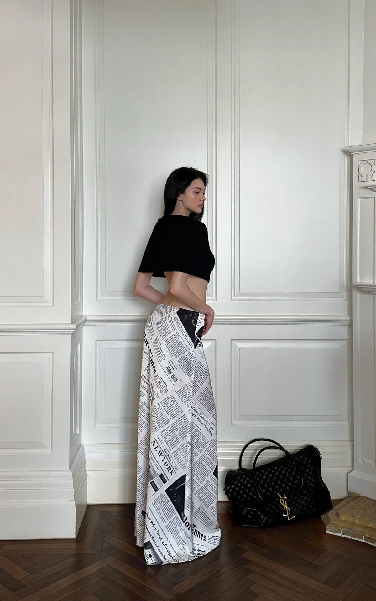 0122stepll Newspaper Print Low-Rise Maxi Skirt