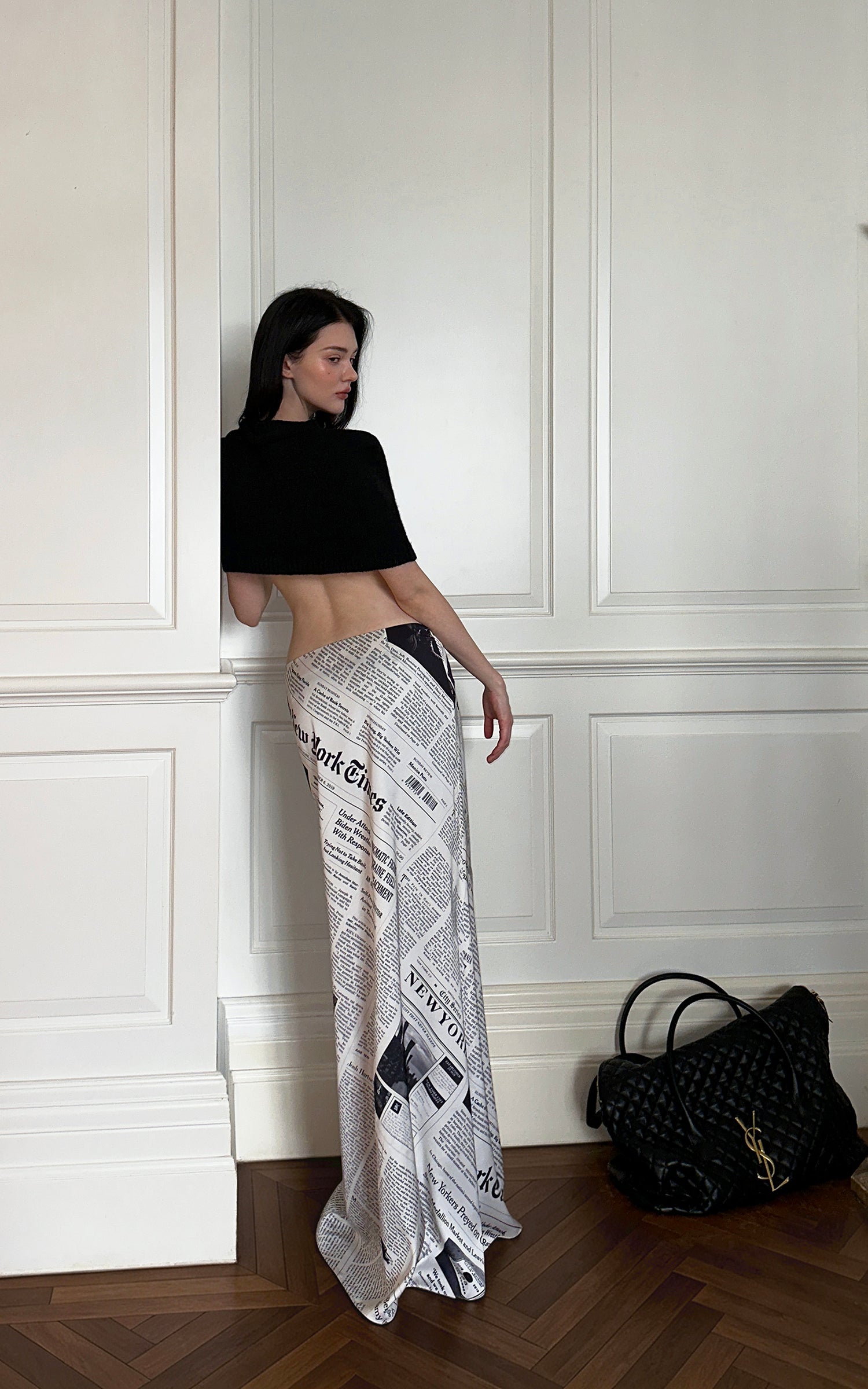 0122stepll Newspaper Print Low-Rise Maxi Skirt