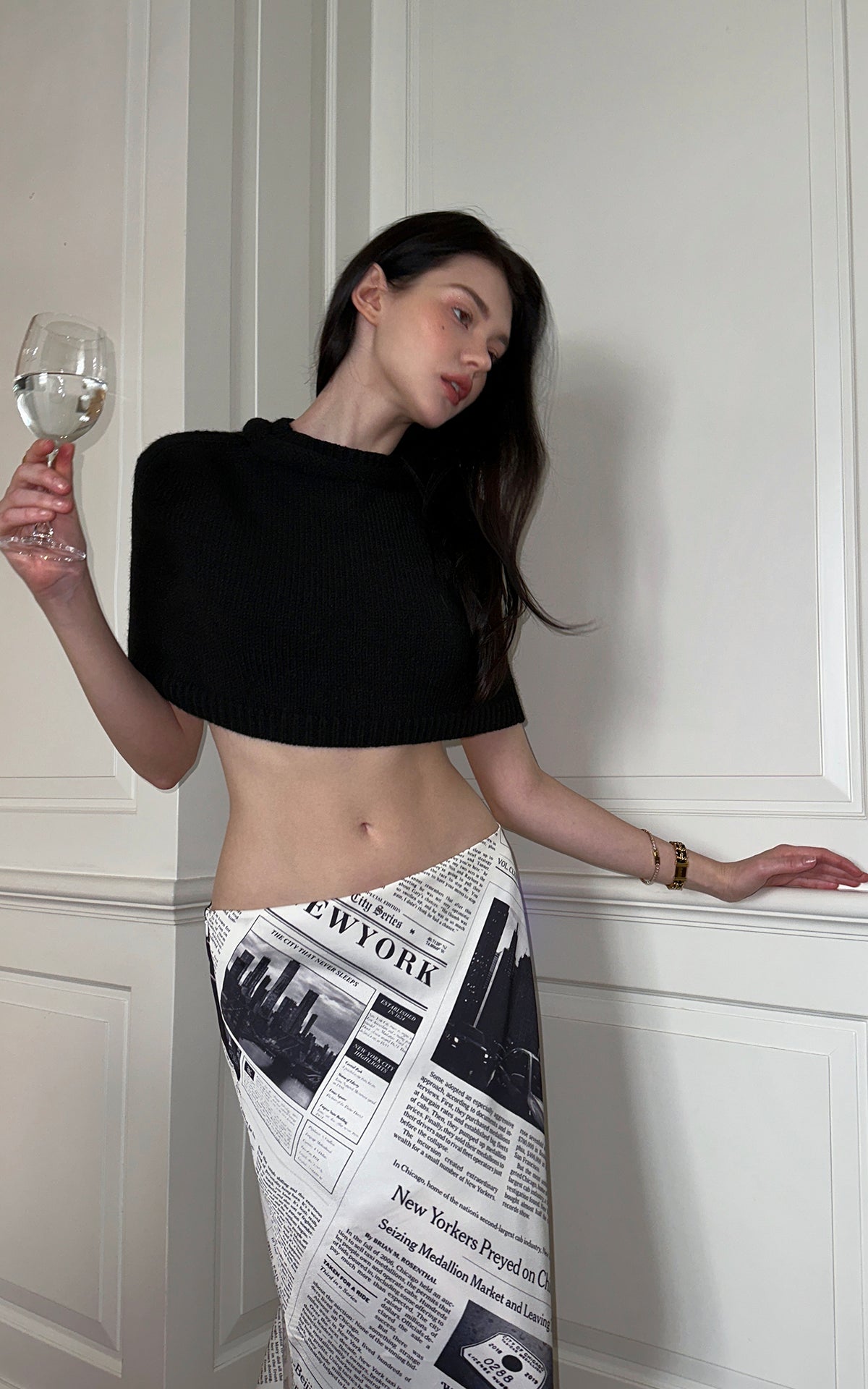 0122stepll Newspaper Print Low-Rise Maxi Skirt