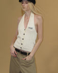 0122stepll Cable Knit Halter Button Vest