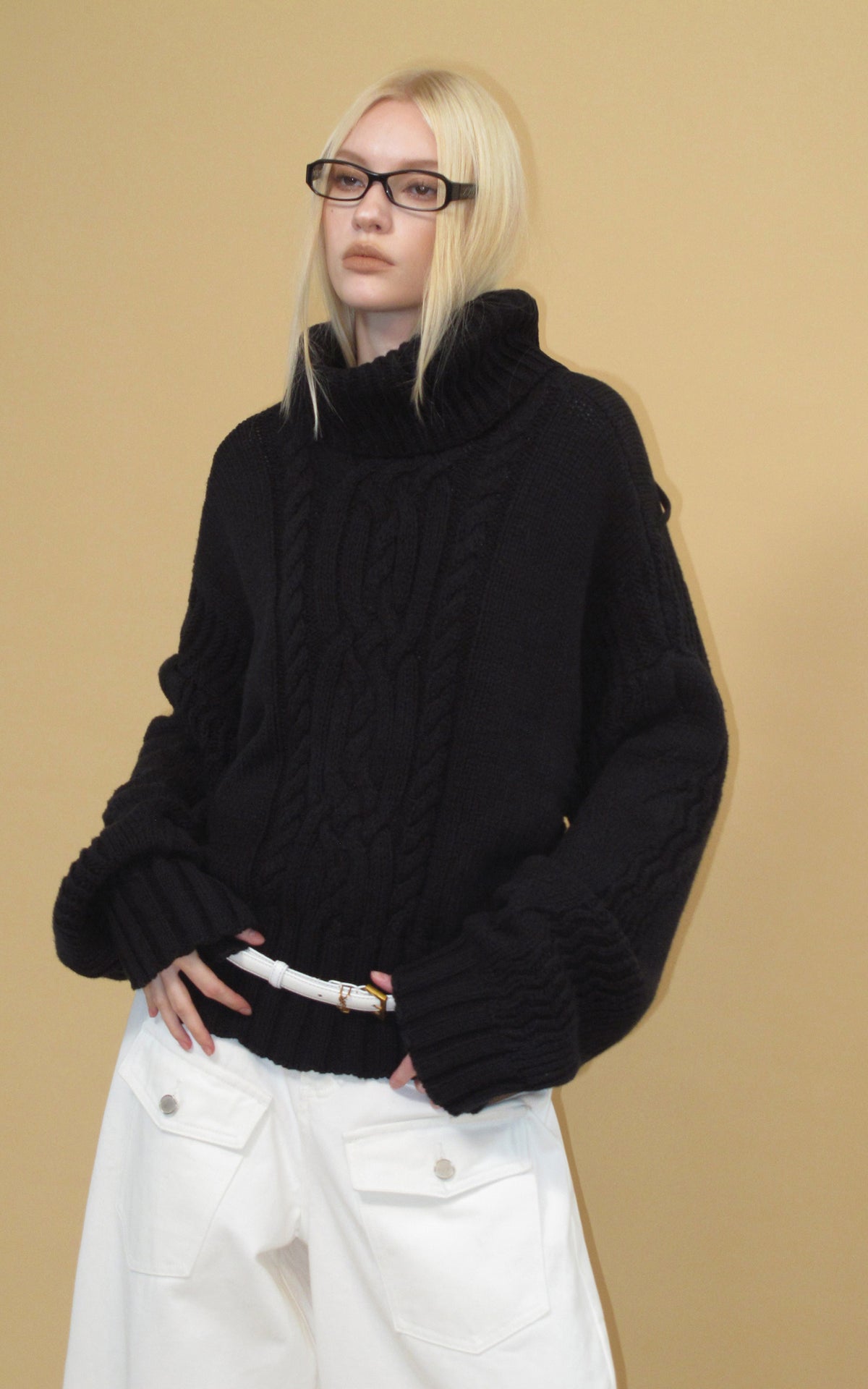 0122stepll Deconstructed Cable Knit Turtleneck Sweater
