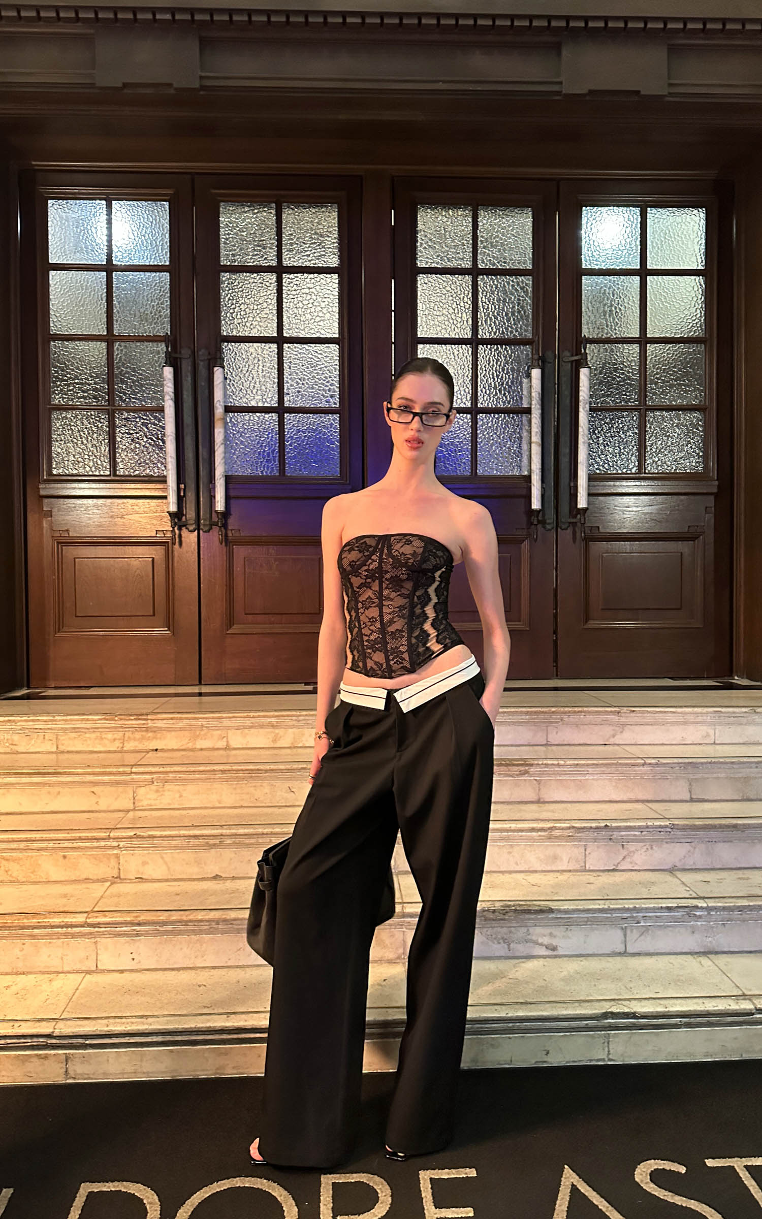 0122stepll Low-Rise Contrast Waist Wide-Leg Pants