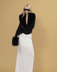 0122stepll Faux Fur Collar Plunge Bodysuit