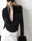 0122stepll Faux Fur Collar Plunge Bodysuit