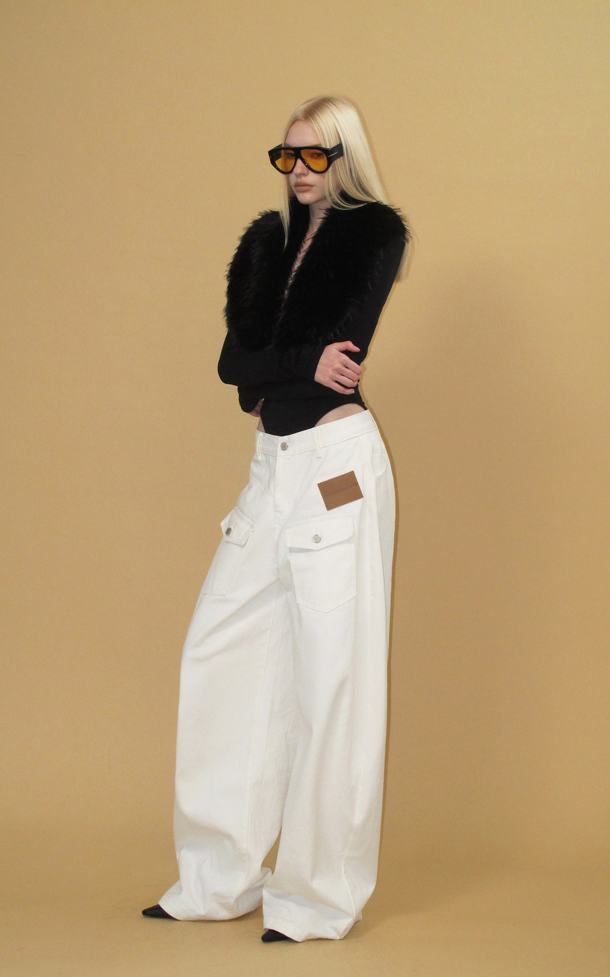 0122stepll Faux Fur Collar Plunge Bodysuit