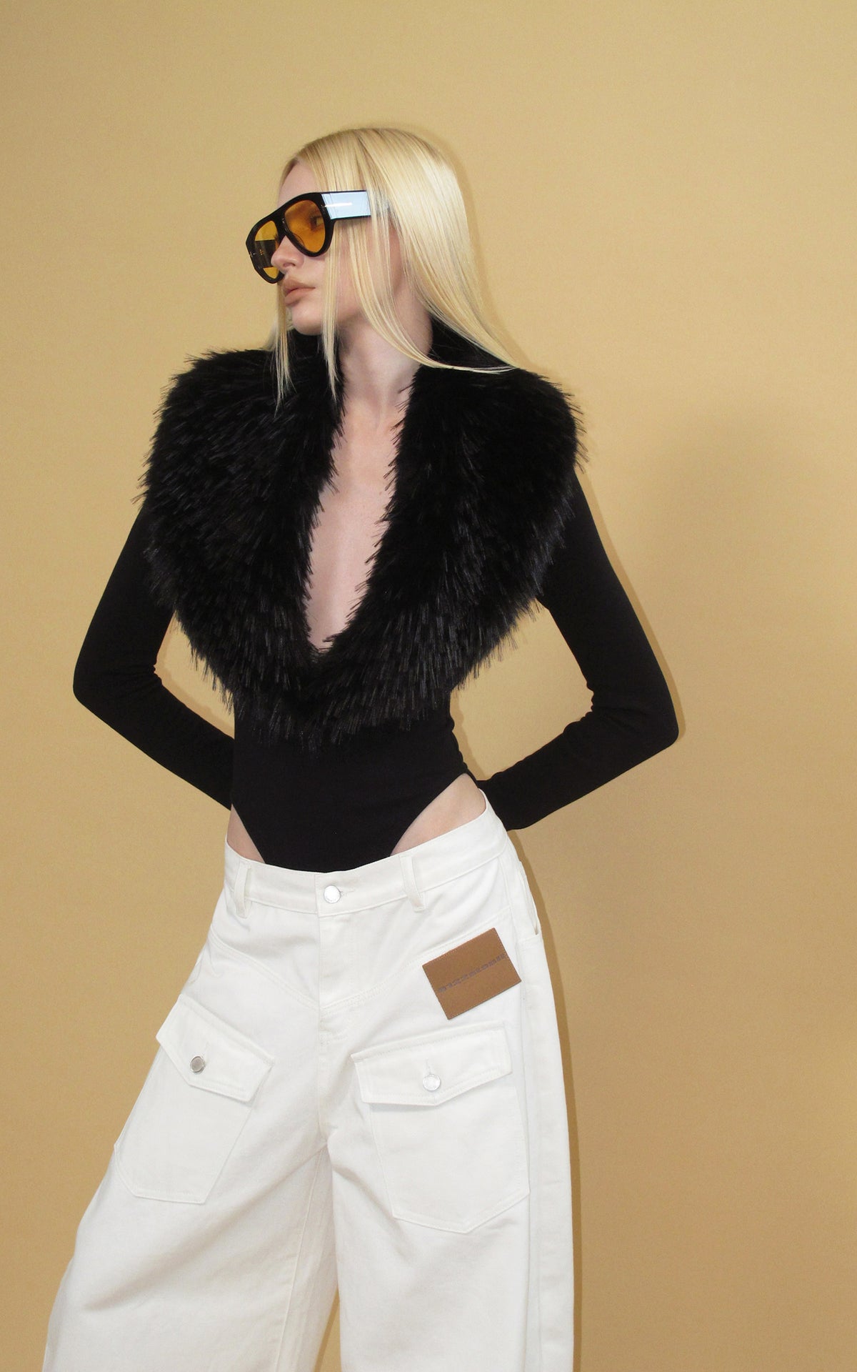 0122stepll Faux Fur Collar Plunge Bodysuit