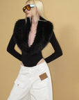 0122stepll Faux Fur Collar Plunge Bodysuit