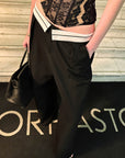0122stepll Low-Rise Contrast Waist Wide-Leg Pants
