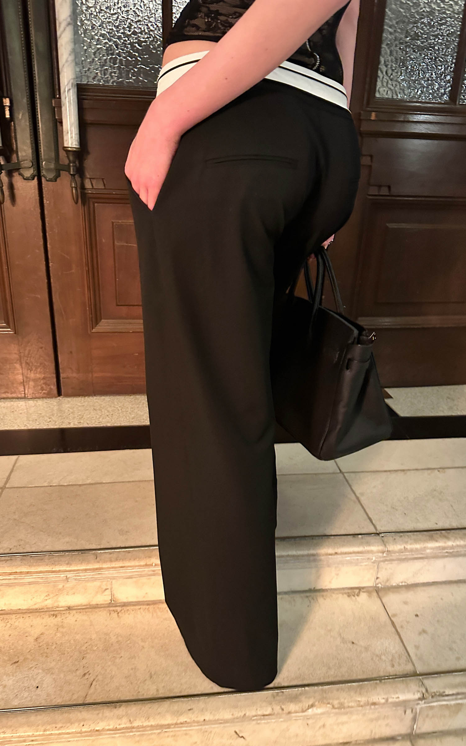 0122stepll Low-Rise Contrast Waist Wide-Leg Pants