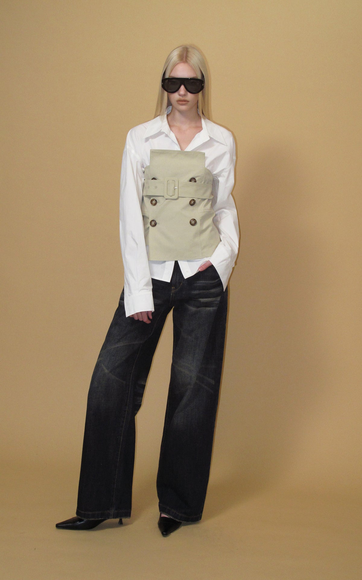 0122stepll Belted Bustier Vest &amp; Relaxed Shirt Set