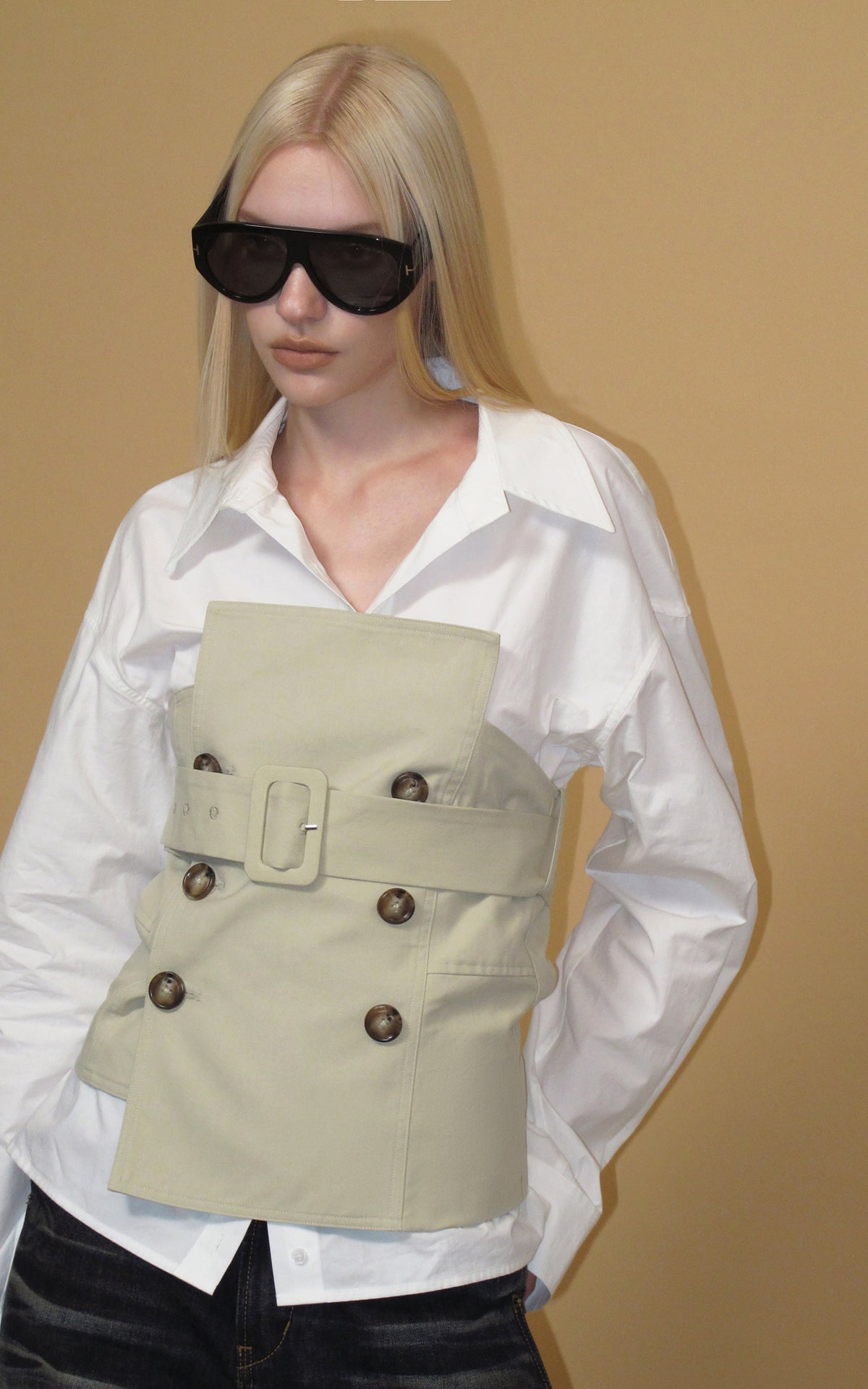 0122stepll Belted Bustier Vest &amp; Relaxed Shirt Set