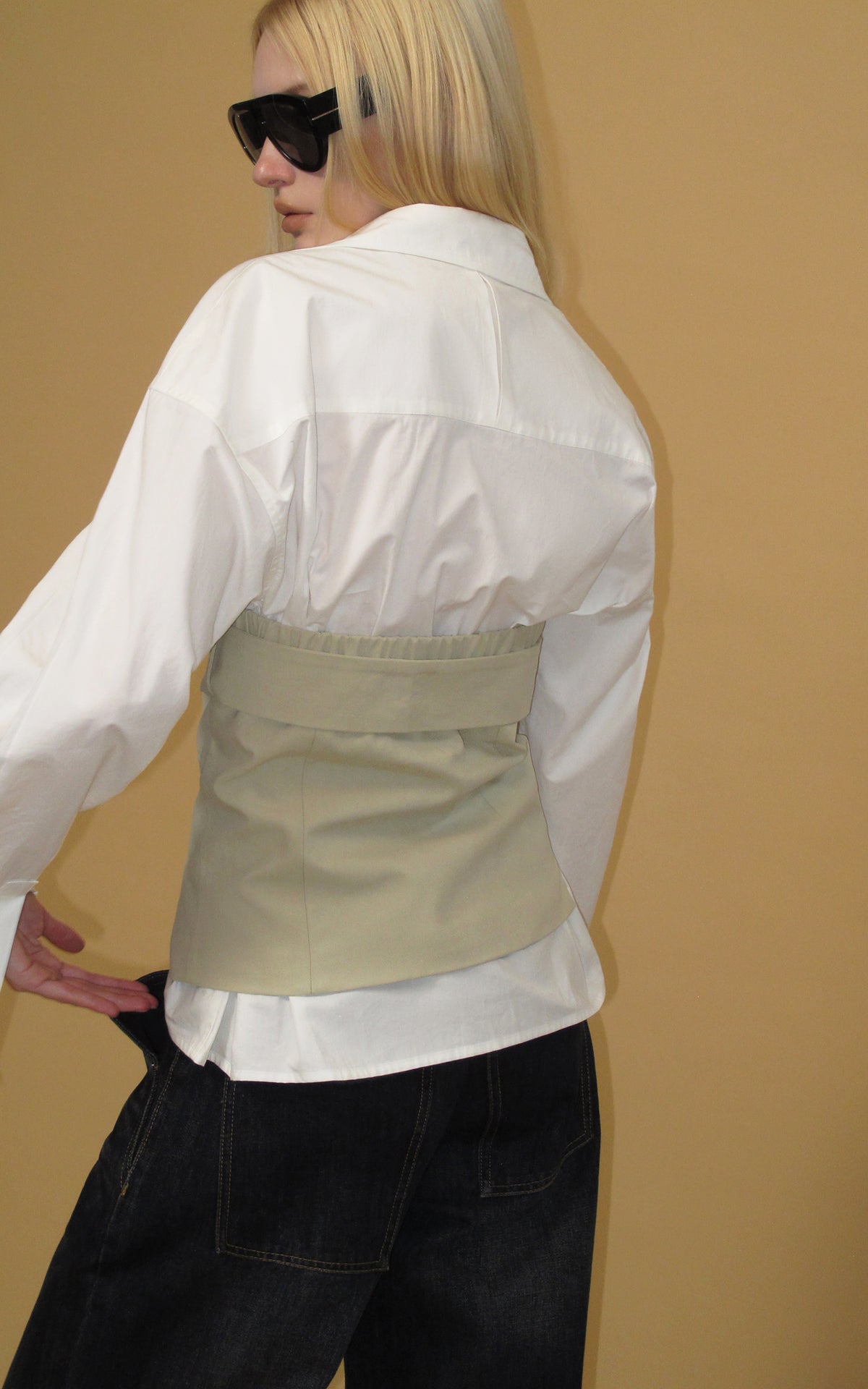 0122stepll Belted Bustier Vest &amp; Relaxed Shirt Set