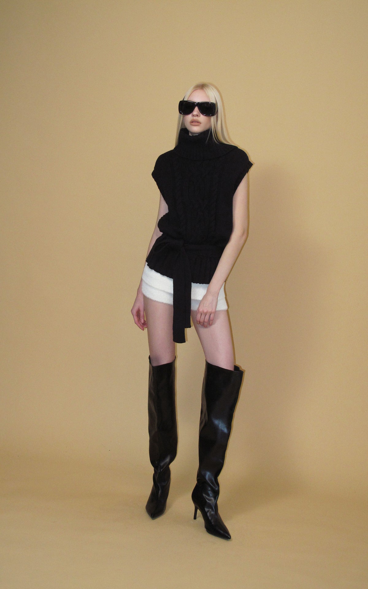 0122stepll Deconstructed Cable Knit Belted Turtleneck Vest