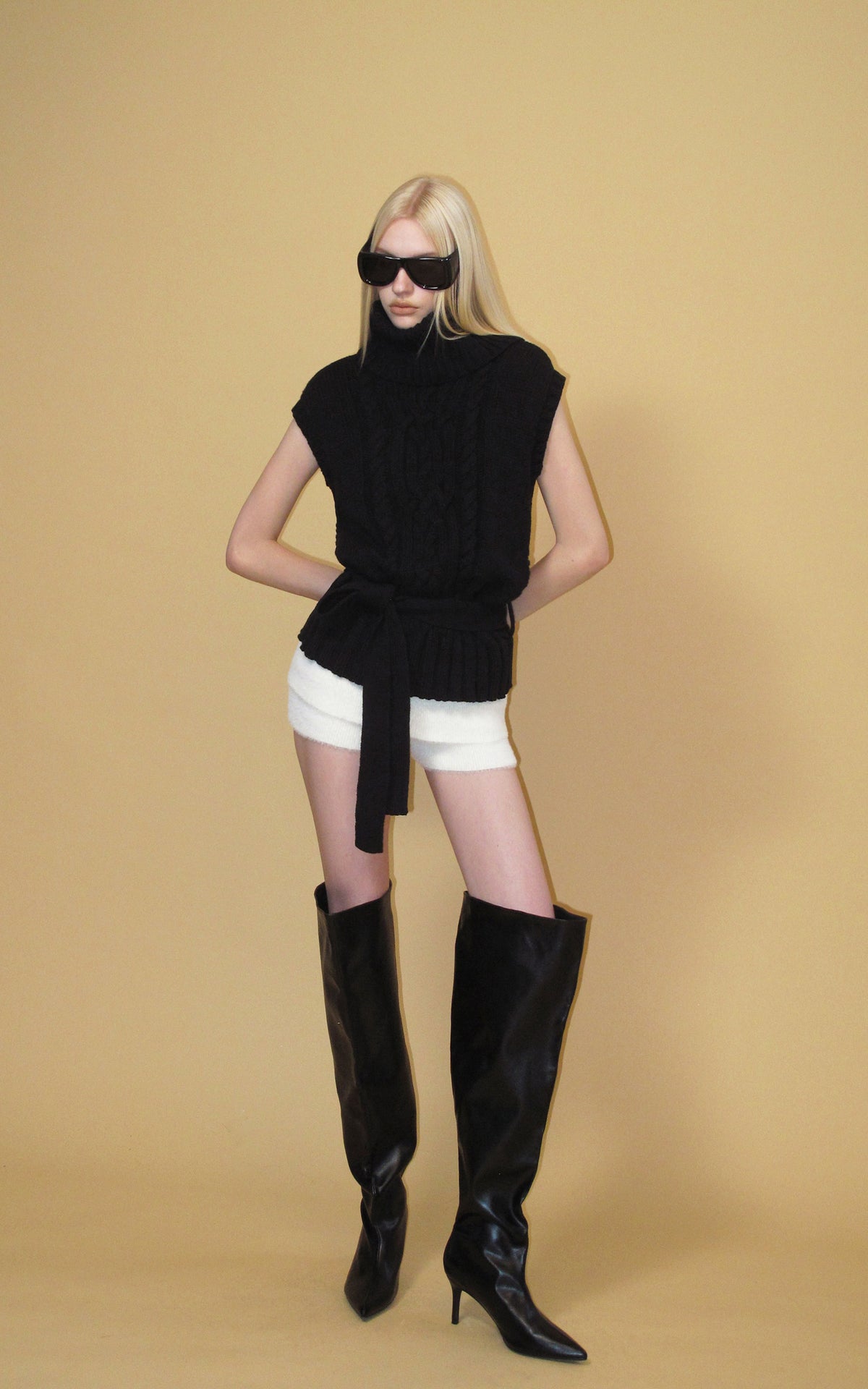 0122stepll Deconstructed Cable Knit Belted Turtleneck Vest