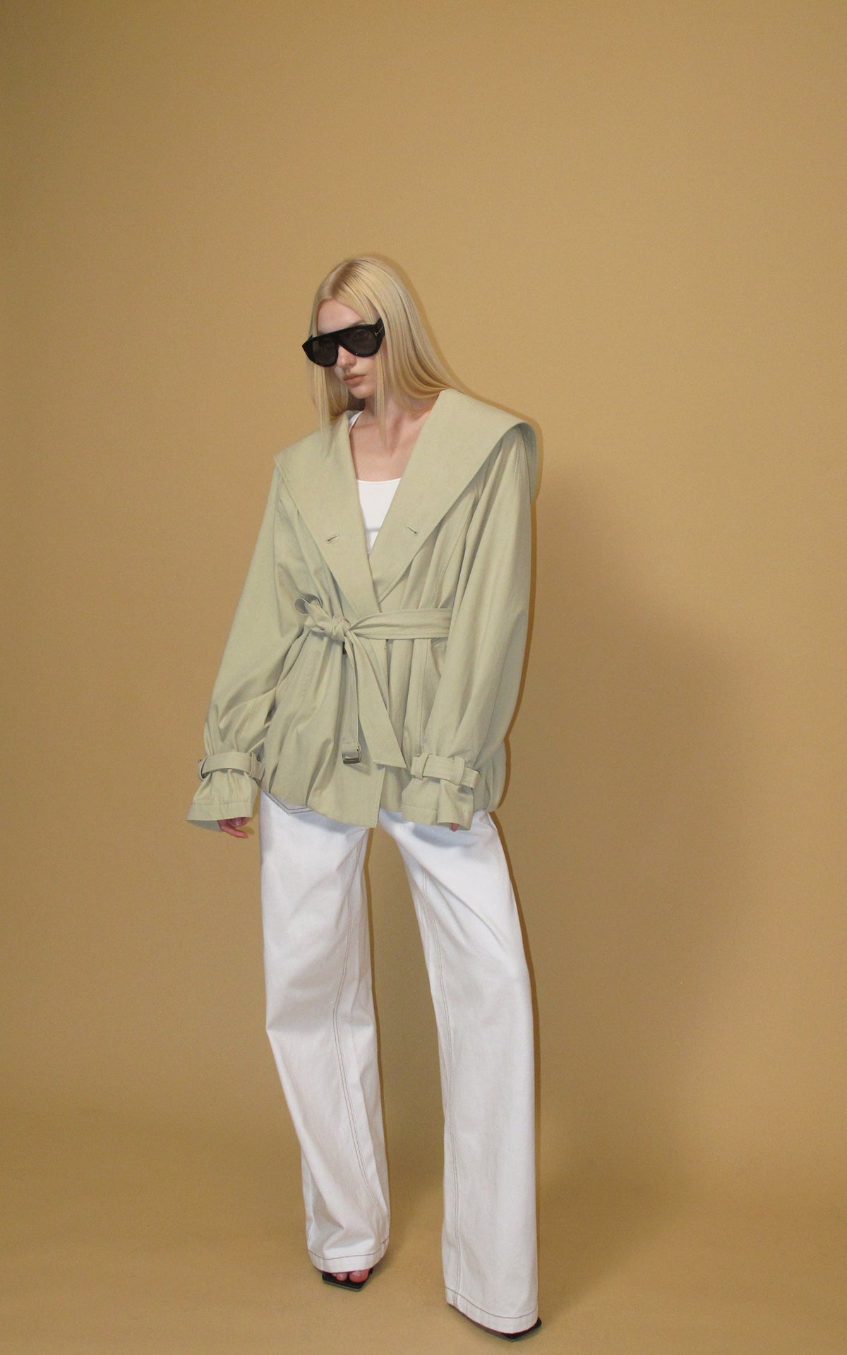 0122stepll Hooded Belted Trench Jacket
