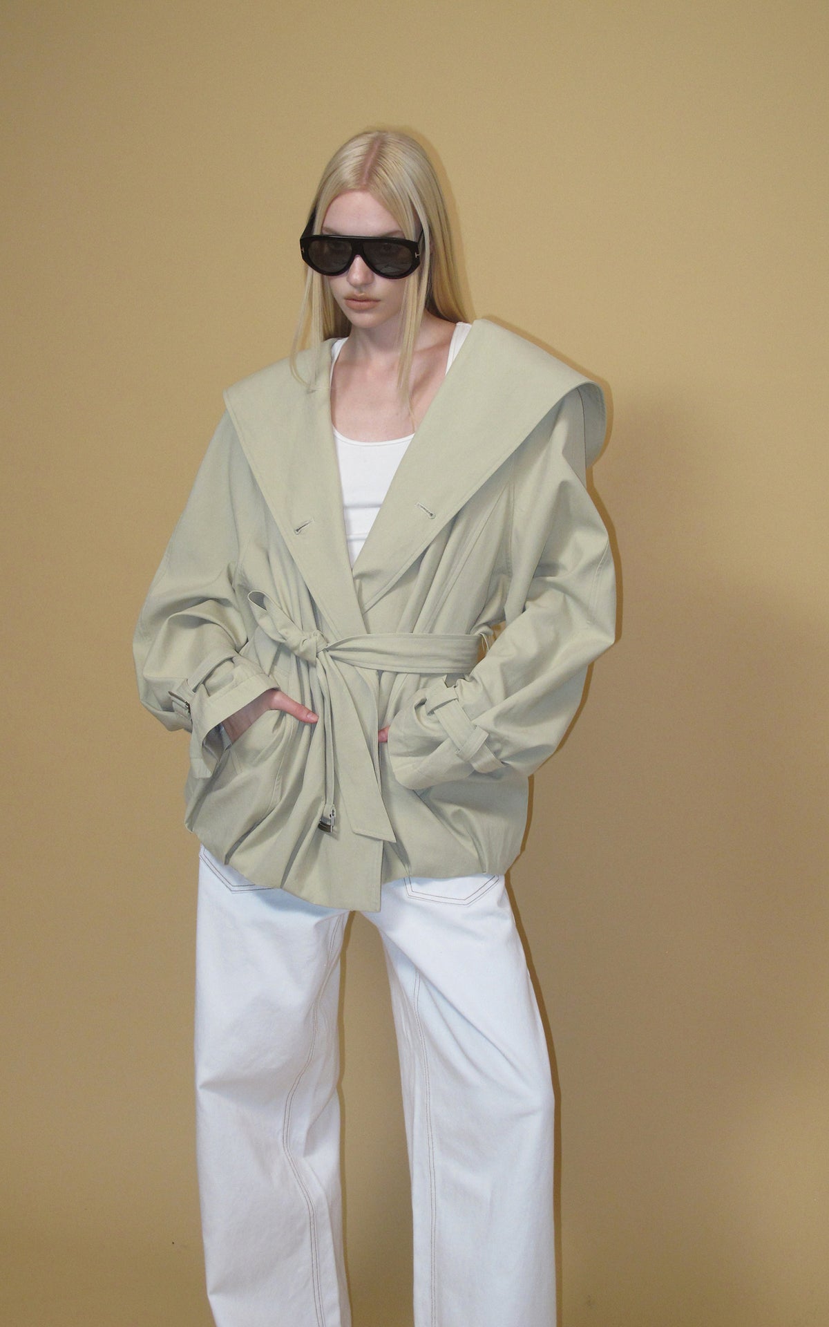 0122stepll Hooded Belted Trench Jacket