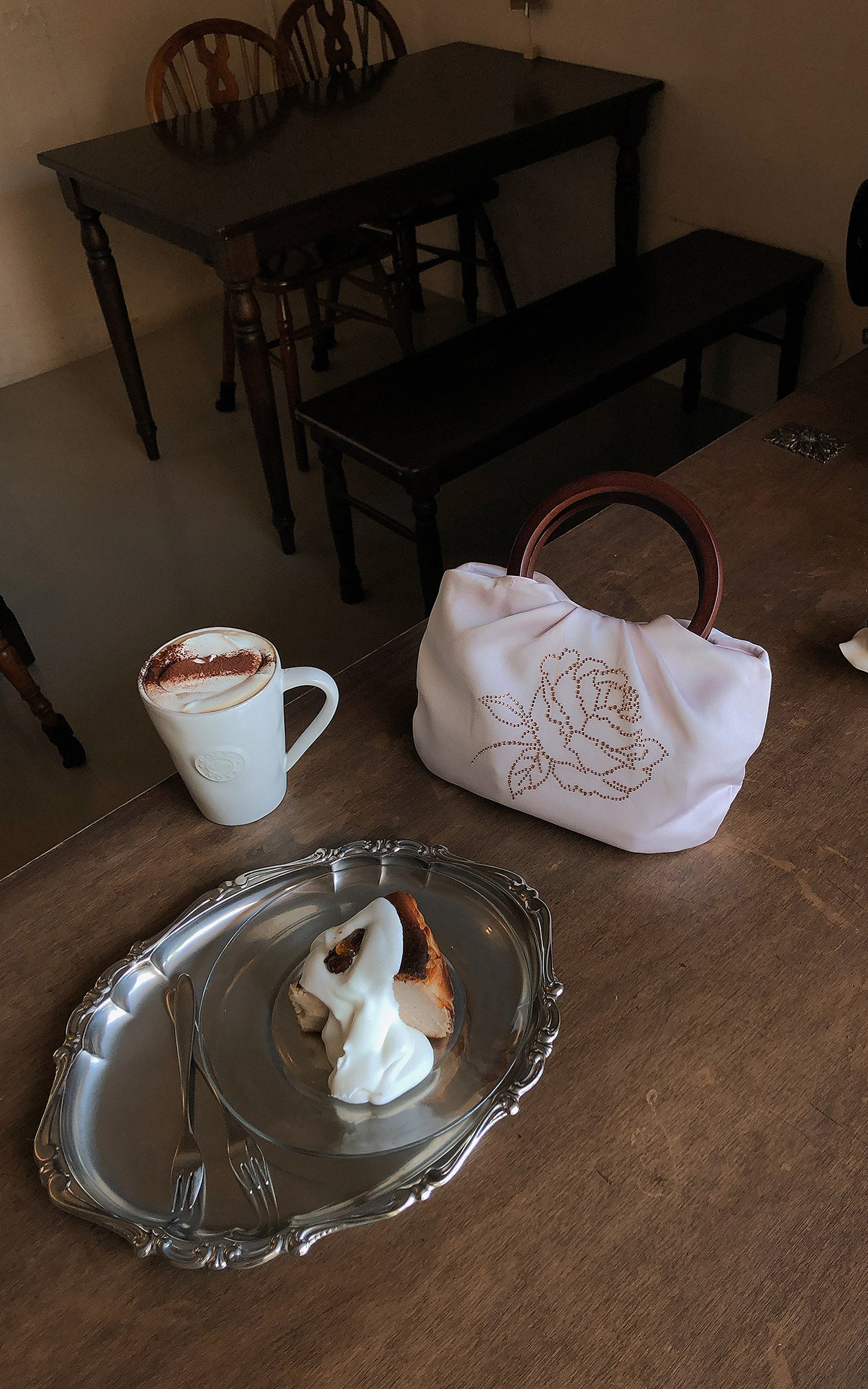 Hydrae Rhinestone Rose Satin Mini Handbag with Sculptural Wooden Ring Handles