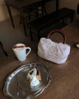 Hydrae Rhinestone Rose Satin Mini Handbag with Sculptural Wooden Ring Handles