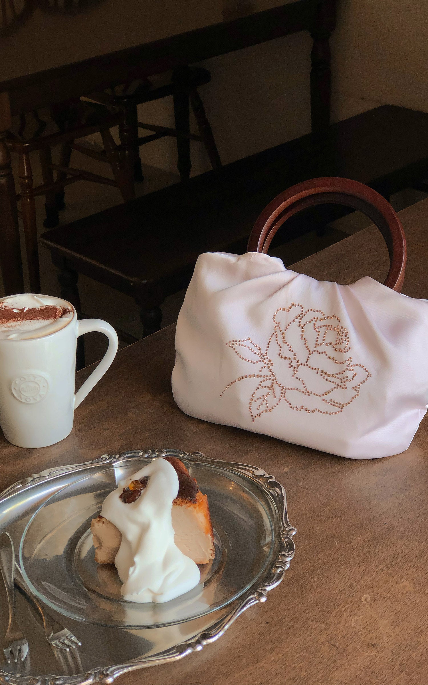 Hydrae Rhinestone Rose Satin Mini Handbag with Sculptural Wooden Ring Handles