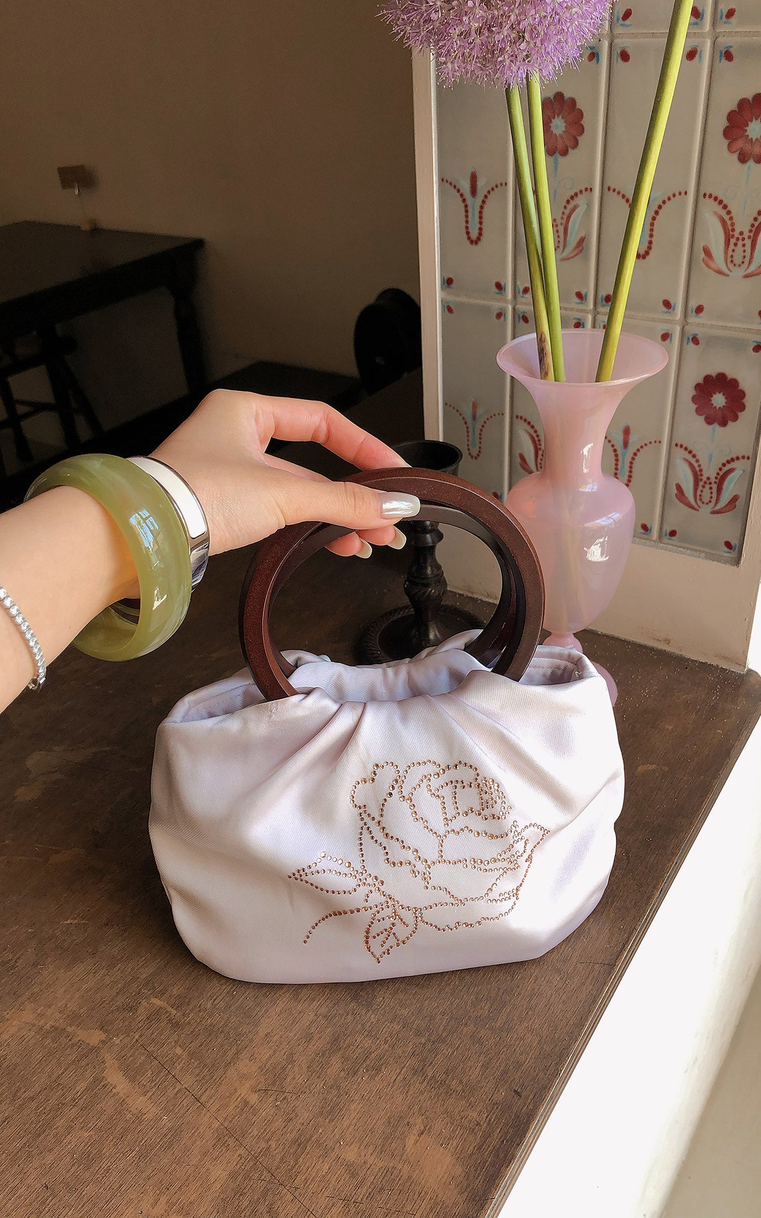 Hydrae Rhinestone Rose Satin Mini Handbag with Sculptural Wooden Ring Handles