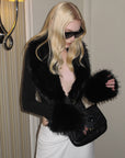 0122stepll Faux Fur Collar Plunge Bodysuit