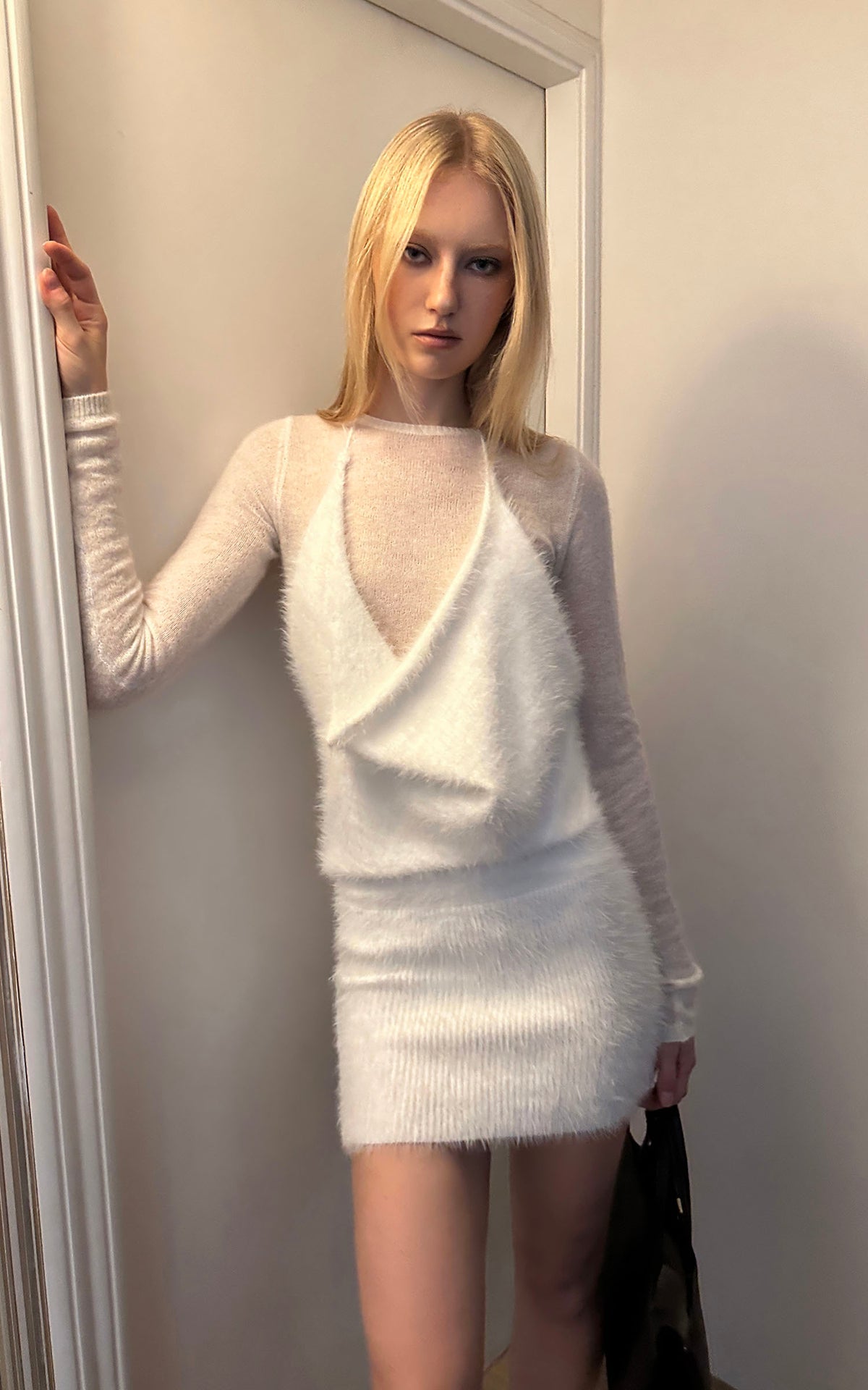 0122stepll Sheer Knit Top &amp; Fuzzy Cowl Mini Dress Set