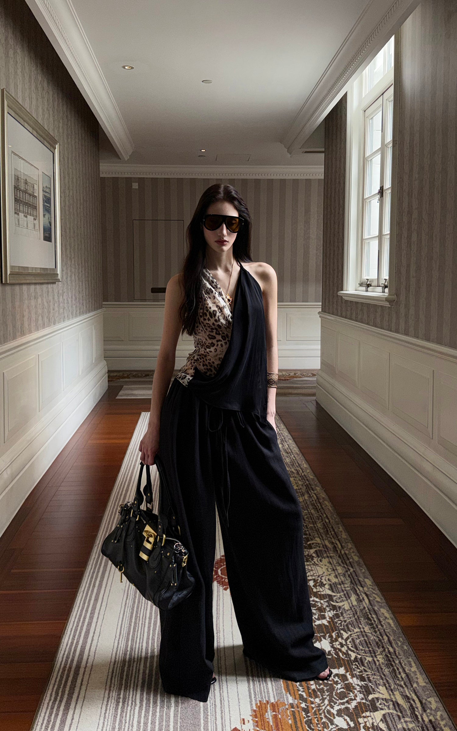 0122stepll Leopard Contrast Draped Halter Top