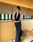 0122stepll Haut halter à décolleté plongeant & Ensemble jupe maxi à taille basse