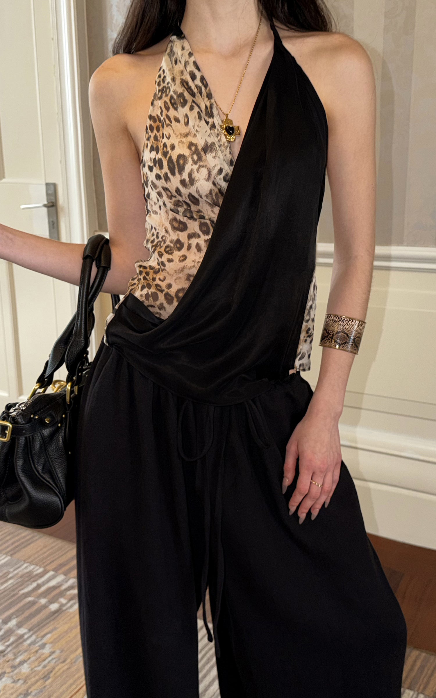 0122stepll Leopard Contrast Draped Halter Top