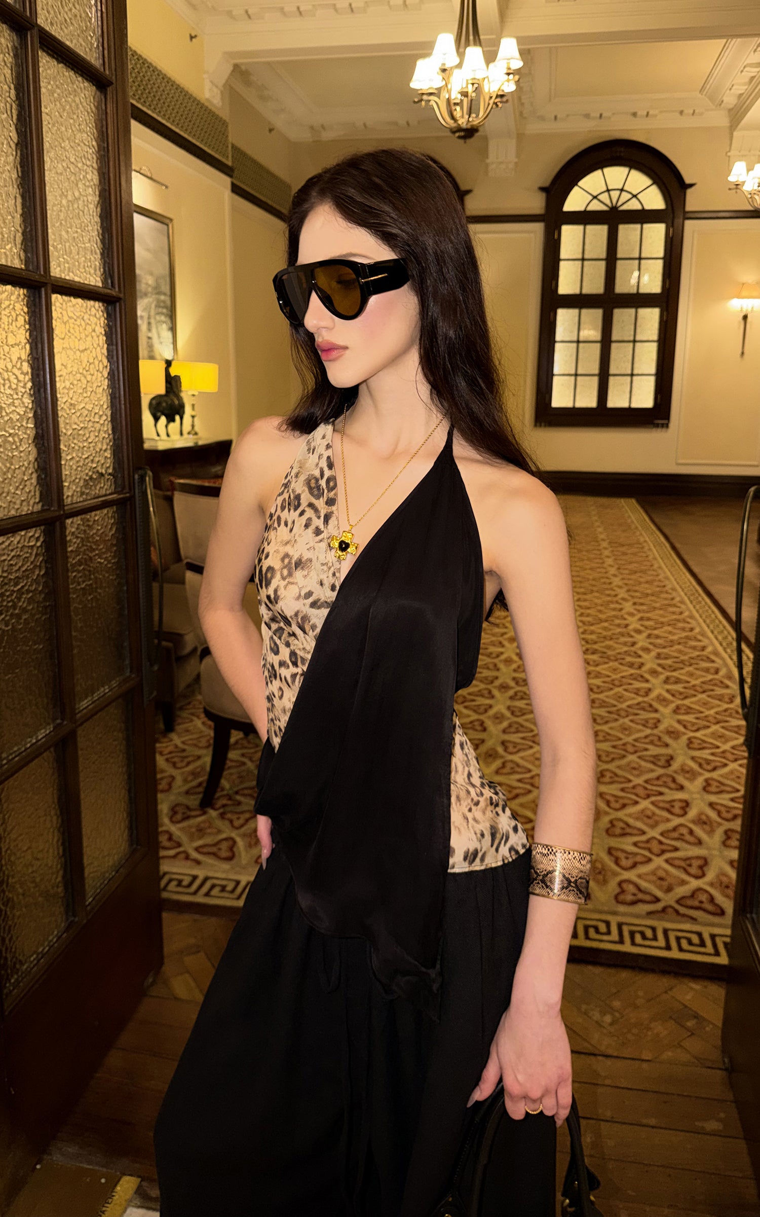 0122stepll Leopard Contrast Draped Halter Top