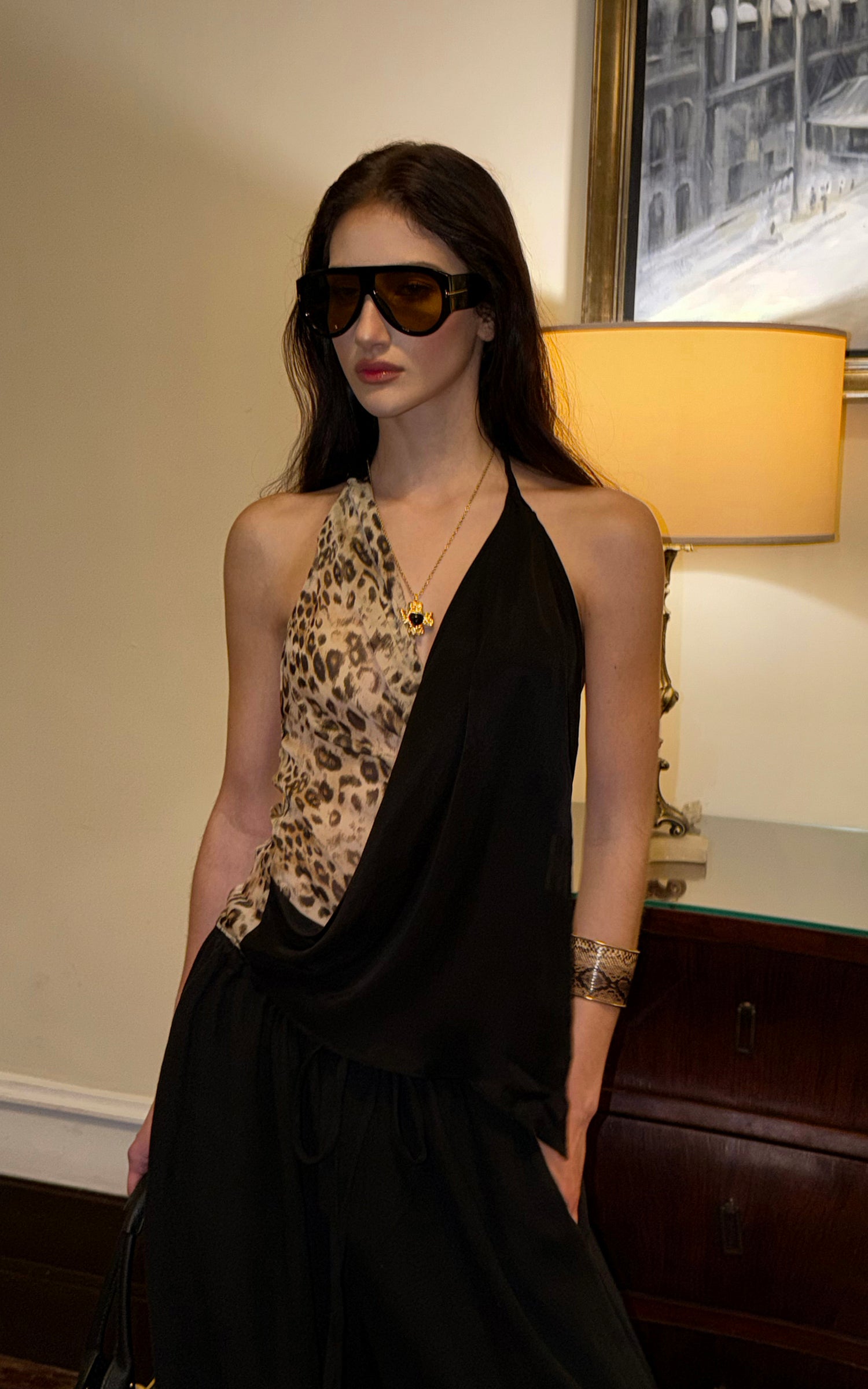 0122stepll Leopard Contrast Draped Halter Top