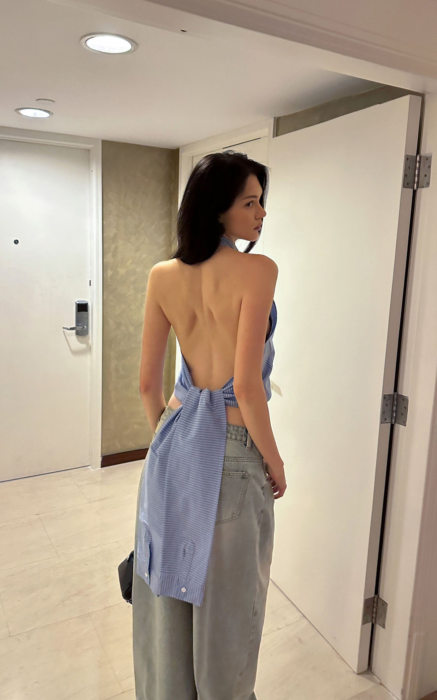 0122stepll Striped Halter Draped Top Vest