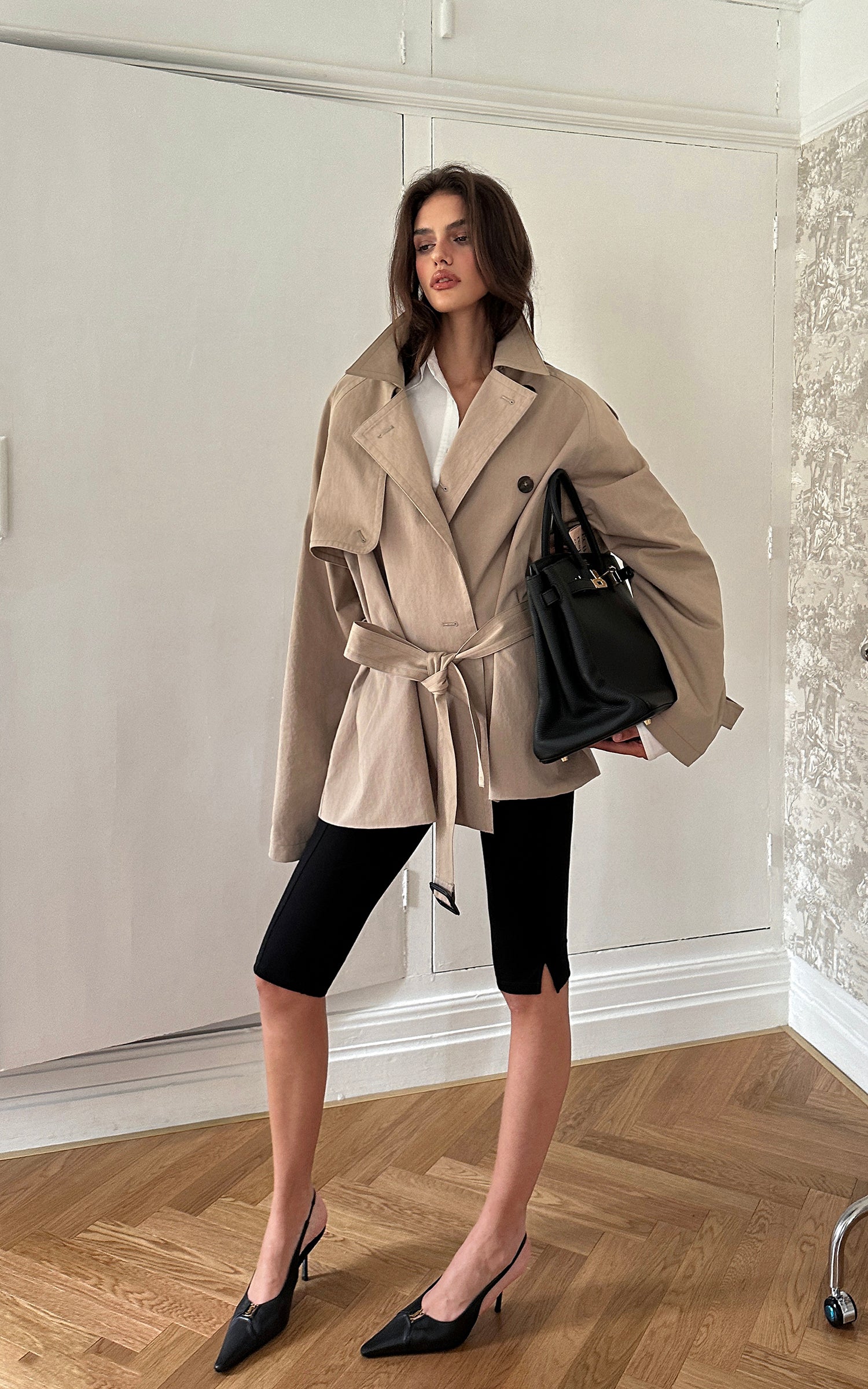 0122stepll Oversized Belted Short Trench Coat