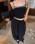 0122stepll Leopard Trim Slim Fit Spaghetti Strap Cami Top